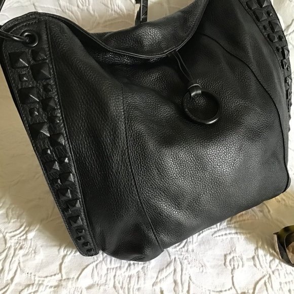 Large Black Shoulder Purse / Tote Bag Decorated with Black Studs - Picture 3 of 8